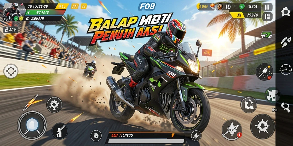 Tampilan gameplay seru di FO8 dengan berbagai motor balap.