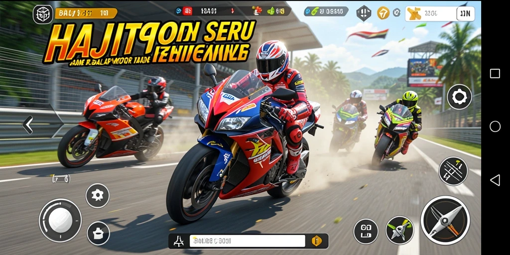 Gameplay seru HAJITOTO saat balapan motor di jalur menantang.