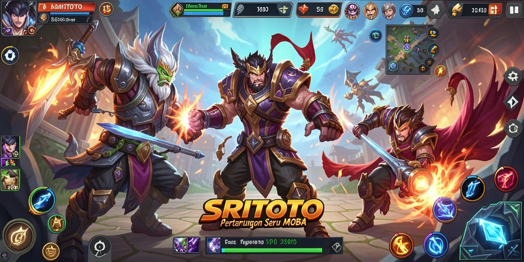 Tampilan aksi seru di SRITOTO menampilkan pertarungan tim MOBA.