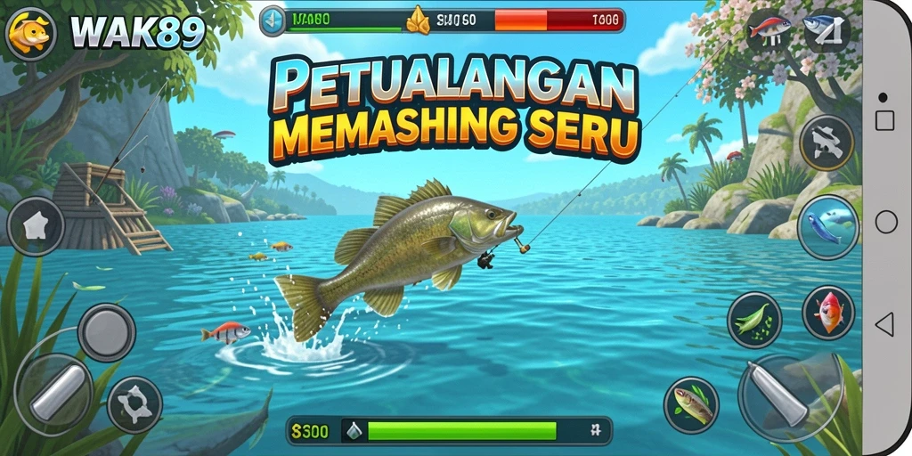 Screenshot gameplay WAK89 menampilkan aksi memancing yang seru.